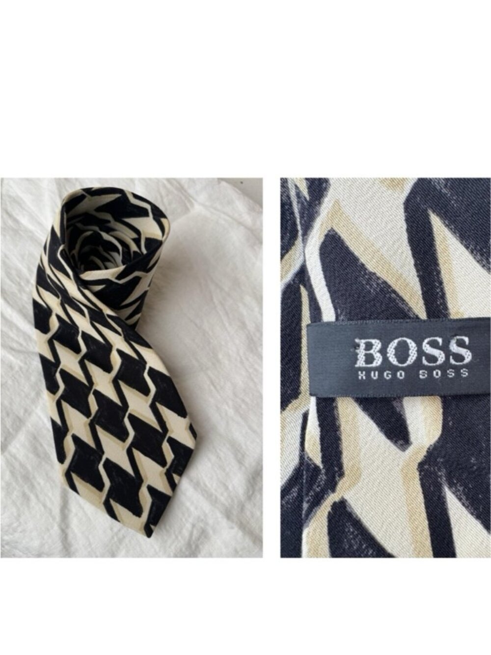 Hugo Boss Silk Tie Black Cream Geometric Pattern Designer Neck Tie Quiet Luxury